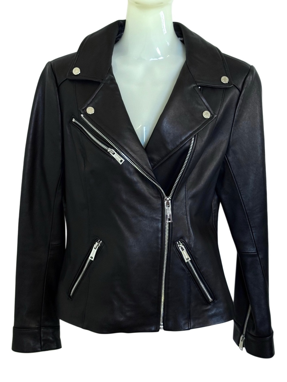 Calvin Klein Genuine Leather Moto Jacket Black XS Extra Small Asymmetrical Zip - Picture 3 of 12